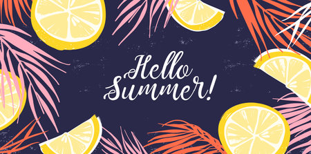 Creative banner decorated with hand drawn lemon slices and tropical leaves. Colorful horizontal...