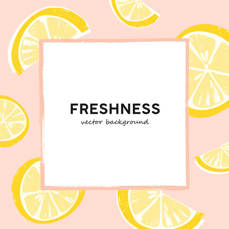 Lemon slices vector summer banner template. White square frame with text space background. Yellow citrus fruits hand drawn illustrations. Summertime event invitation design layoutのイラスト素材