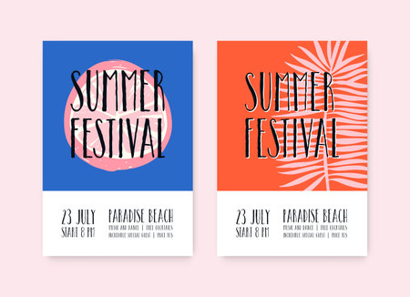 Summer festival vector poster template. Summertime music fest, beach party placard with text space. Hand drawn lemon slice and palm leaf on blue, red background. summer season event advertisingのイラスト素材