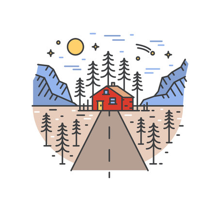 Beautiful landscape with highway leading to house in forest surrounded by spruce trees and mountains. Road trip or adventure travel location. Colorful vector illustration in modern line art styleのイラスト素材