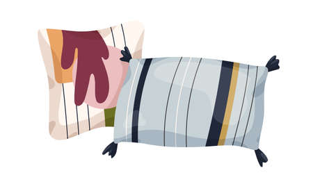 Soft decorative cushions designs. Rectangle and square shaped comfy decor with abstract and line patterns, tassels. Bed and sofa decoration. Flat vector illustration isolated on white backgroundのイラスト素材