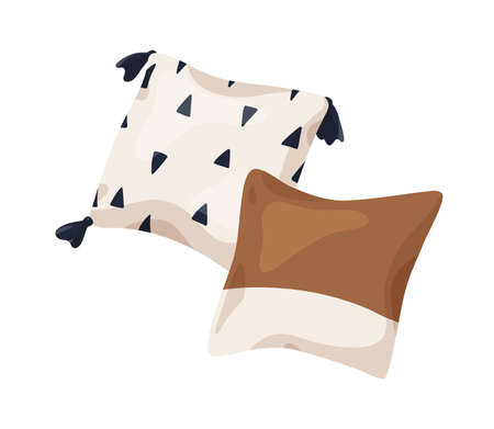 Decorative cushions for modern interior. Comfy soft pillows for bed, sofa. Cosy square pillowcases decorated with print, fringe. Home decor. Flat vector illustration isolated on white backgroundのイラスト素材