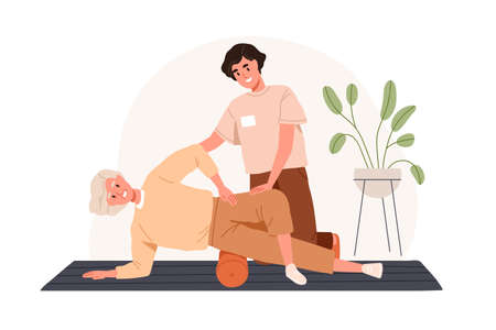Senior person exercising with roller for rehabilitation, recovery. Nurse helping old woman to recover with physiotherapy. Rehab physio therapy. Flat vector illustration isolated on white backgroundのイラスト素材