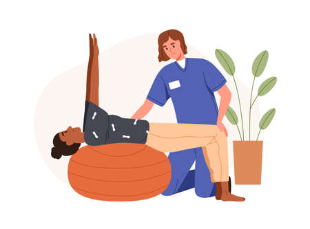 Patient exercising with ball at rehabilitation therapy. Nurse doctor helping woman with physical disability at physiotherapy, rehab treatment. Flat vector illustration isolated on white backgroundのイラスト素材