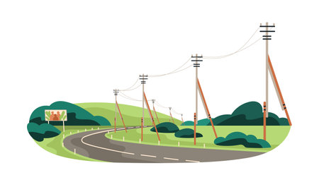 Overhead electric power lines with cables suspended on utility poles. Road posts with wires for electricity energy transmission, distribution. Flat vector illustration isolated on white backgroundのイラスト素材