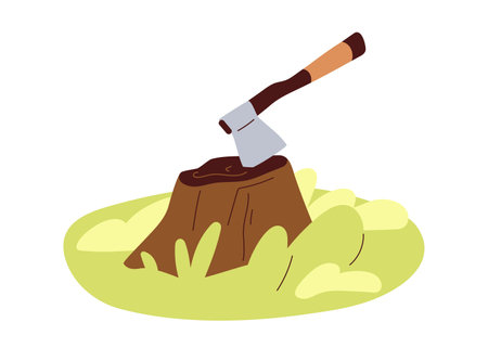 Axe in stump after tree cutting. Ax tool with sharp metal blade inside stub. Hatchet stuck in chopped wood trunk. Deforestation concept. Flat vector illustration isolated on white backgroundのイラスト素材