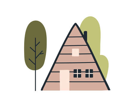 A-frame house among trees in nature. Cute triangle-shaped wood cabin in Scandinavian style. Nordic summer holiday home. Scandi colored flat vector illustration isolated on white backgroundのイラスト素材