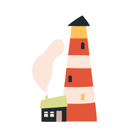 Lighthouse and home in Scandinavian style. Cute high seaside safety nautical tower. Maritime light house. Nordic beacon. Childish colored flat vector illustration isolated on white backgroundのイラスト素材