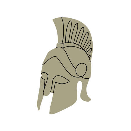 Greek phalanx helmet of ancient Greece warrior. Antique Spartan head armour with metal crest. Historical military mask, face armor of Macedonia. Flat vector illustration isolated on white backgroundのイラスト素材