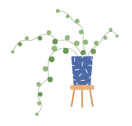 Potted house plant in planter on stand. Foliage houseplant growing in flowerpot. Green leaf decoration for home interior. Natural indoor decor. Flat vector illustration isolated on white backgroundのイラスト素材