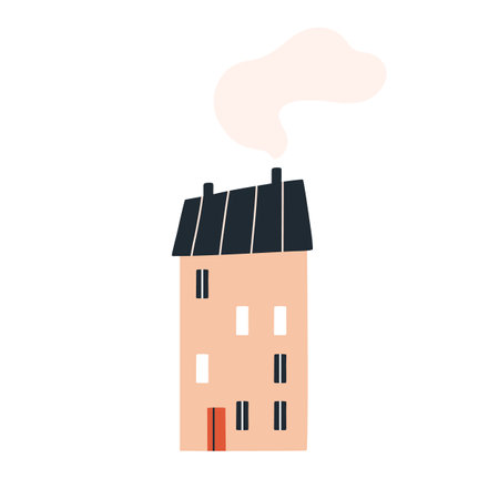 Cute Scandinavian house with roof chimney and smoke. Cozy sweet home of old town in Scandinavia. Small nordic building with windows. Scandi flat vector illustration isolated on white backgroundのイラスト素材