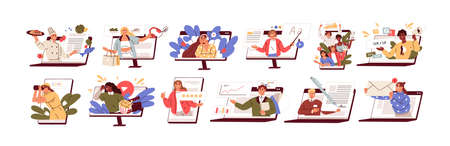 Online services, platforms set. Tiny people peeking out of computer, phone screens with education, business, entertainment app, web site. Flat graphic vector illustration isolated on white backgroundのイラスト素材