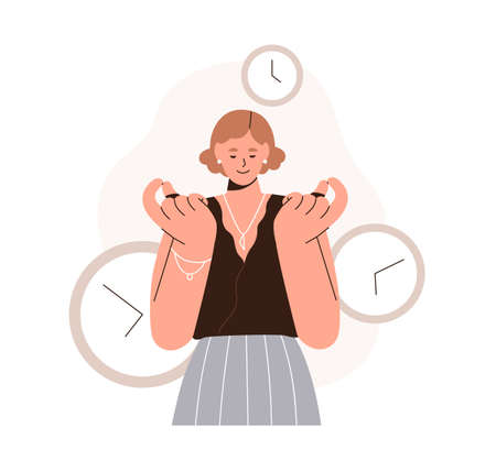 Good effective time-management concept. Person and clocks, watches, managing and controlling deadlines. Well-organized balanced life plan. Flat vector illustration isolated on white backgroundのイラスト素材