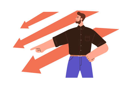 Will power and determination concept. Strong ambitious man showing direction, target. Confident determined person. Ambition and aspiration. Flat vector illustration isolated on white backgroundのイラスト素材