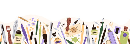 Calligraphy tools, supplies border. Ad banner design with art accessories for creative handwriting class promotion. Hand writing stationery background. Flat vector illustration isolated on whiteのイラスト素材
