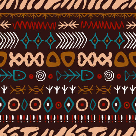 Ethnic tribal pattern design. Seamless background with folk repeating print. Endless African ornament texture for textile, fabric, decoration in ethno style. Colored flat graphic vector illustrationのイラスト素材