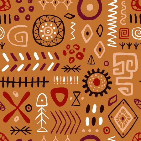 Abstract ethnic pattern with tribal elements. Seamless folk background with ancient Indian repeating print. Fabric, textile texture design in boho style. Colored flat graphic vector illustrationのイラスト素材