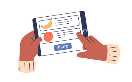 Sharing food online with mobile charity app. Hands holding tablet, clicking button in application to help, donate hungry people with groceries. Flat vector illustration isolated on white backgroundのイラスト素材