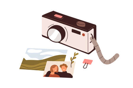 Photo camera, pictures composition. Photographs images and photographic equipment. Creative hobby, photography art concept. Memory shots. Flat vector illustration isolated on white backgroundのイラスト素材