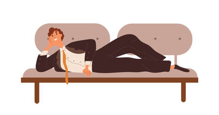 Happy office worker relaxing, dreaming. Man clerk lying on sofa, daydreaming. Employee dreamer. Funny businessman resting on couch. Flat graphic vector illustration isolated on white backgroundのイラスト素材
