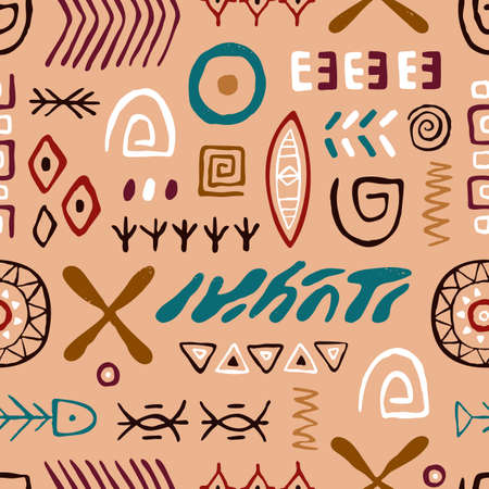 Ethnic folk pattern with tribal elements, abstract shapes. Seamless African background with ancient repeating print in modern style. Texture, ornament design. Colored graphic vector illustrationのイラスト素材