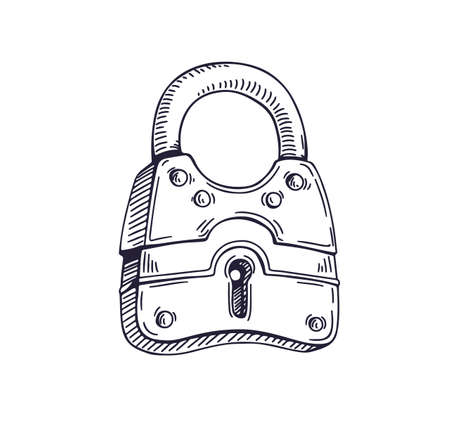 Old padlock drawn in vintage style. Engraved retro drawing of lock with keyhole, hole and closed shackle. Detailed sketchy handdrawn vector illustration isolated on white backgroundのイラスト素材