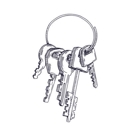 Etched door keys bunch attached to ring. Engraved drawing of keyring, holder. Monochrome handdrawn sketch. Contoured detailed hand-drawn vector illustration isolated on white backgroundのイラスト素材