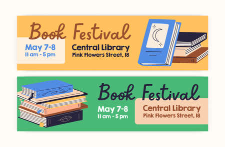 Book festival ad banner designs. Horizontal background with abstract literature for literary fair, reading and education event in library. Advertisement template. Colored flat vector illustrationsのイラスト素材
