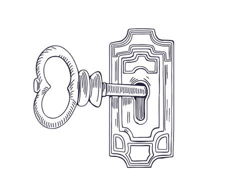 Old etched key inside lock, keyhole unlocking ancient door. Outlined contoured engraved drawing in retro style. Vintage handdrawn vector illustration isolated on white backgroundのイラスト素材