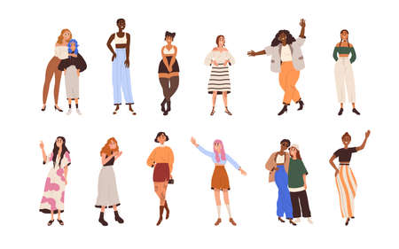 Diverse modern women set. Different body-positive happy girls portraits. Various beautiful females standing in trendy fashion summer outfits. Flat vector illustrations isolated on white backgroundのイラスト素材