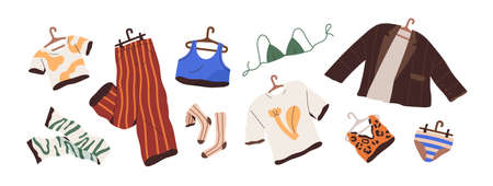 Summer fashion clothes set. Casual women garments, apparel items. Modern female trousers, jacket, pants, socks, t-shirts, scarf and bra, panties. Flat vector illustration isolated on white backgroundのイラスト素材
