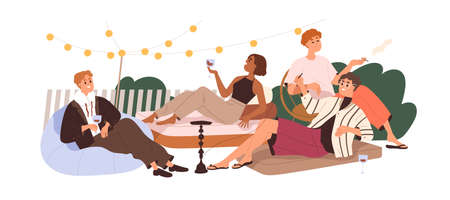 Happy friends relaxing together on summer weekend. People resting on backyard party, chilling with wine, hookah outdoors, enjoying cozy evening. Flat vector illustration isolated on white backgroundのイラスト素材