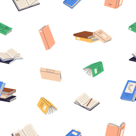 Seamless pattern with paper books. Endless background with education school literature, textbooks for reading, studying. Repeating schoolbooks print, texture. Colored flat graphic vector illustrationのイラスト素材