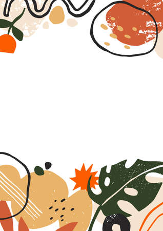 Modern card background with abstract doodle shapes, monstera leaf, floral elements. Trendy banner design with minimal organic forms pattern, lines, strokes, leaves, flower. Flat vector illustrationのイラスト素材