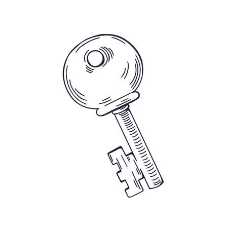 Black and white drawing of door key. Outlined woodcut engraving of isolated locking item drawn in vintage style. Retro detailed contoured etched monochrome handdrawn vector illustrationのイラスト素材