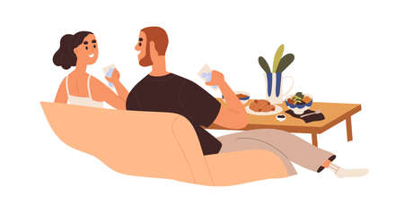 Love couple relaxing on sofa, eating food, talking. Happy man and woman on romantic date at home. People enjoying meal together, chatting. Flat vector illustration isolated on white backgroundのイラスト素材