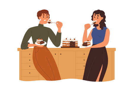 Happy women eating birthday cake, standing with pie pieces. Office workers talking, celebrating smth with sweet dessert, tasting sugar food. Flat vector illustration isolated on white backgroundのイラスト素材