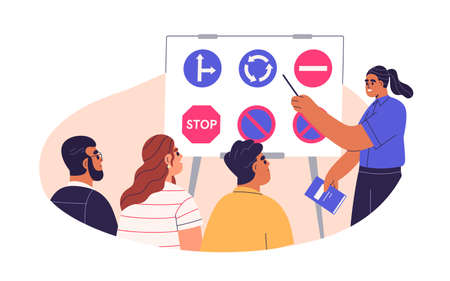 Drivers education. Lesson, course for beginners in driving school. Students studying road signs with teacher, instructor at training, class. Flat vector illustration isolated on white backgroundのイラスト素材