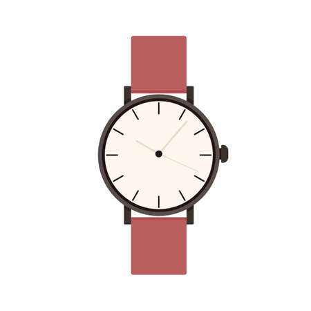 Hand watch design with leather bracelet and round quartz dial. Analog wristwatch with arrows, chronograph. Wrist clocks, watches with strap. Flat vector illustration isolated on white backgroundのイラスト素材