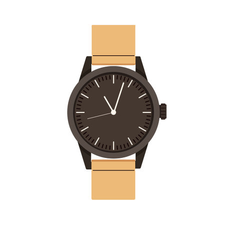 Wristwatch, hand watches design with leather bracelet, round quartz dial and arrows. Analogue wrist watch with chronograph. Arm clocks with strap. Flat vector illustration isolated on white backgroundのイラスト素材