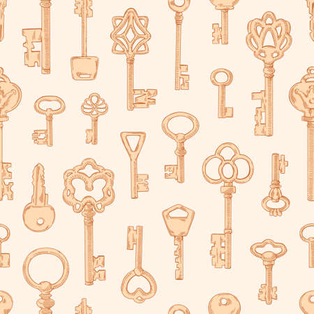 Seamless vintage pattern with old victorian door keys. Repeating antique print on endless background. Monochrome texture design for textile, wrapping. Hand-drawn vector illustration for decorationのイラスト素材