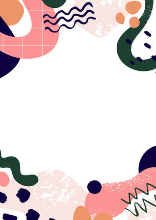 Abstract elements pattern on white background. Modern card design with trendy shapes, waves, grid. Vertical banner with random creative forms, fluid strokes, blobs. Colored flat vector illustrationのイラスト素材