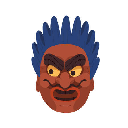 Zaoh, human noh mask of Japanese Kabuki theater. Angry man face with negative evil emotion. Asian Japan theatrical head with blue hair. Flat graphic vector illustration isolated on white backgroundのイラスト素材