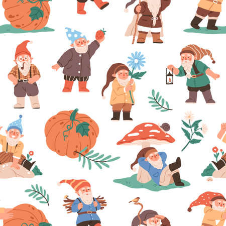 Gnomes, dwarfs pattern. Seamless fairytale background with cute happy garden elfs, pumpkins, mushrooms. Endless texture with repeating autumn print. Childish colored flat graphic vector illustrationのイラスト素材