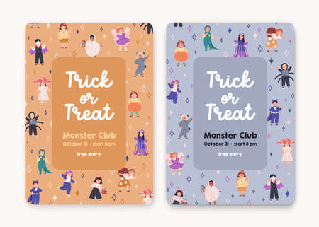Halloween background designs. Trick or Treat party cards with cute kids in holiday costumes. Childrens Helloween event invitation flyers, childish promotion posters. Flat vector illustrationsのイラスト素材