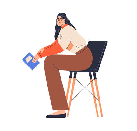 Girl student sitting on chair with academic book in hands. Smart woman reader in glasses with university literature, preparing for exam, studying. Flat vector illustration isolated on white backgroundのイラスト素材