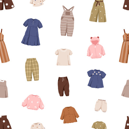 Kids clothes pattern. Childrens summer fashion apparel, wearing on seamless background. Endless printable texture, repeating print design with girls dresses, pants. Colored flat vector illustrationのイラスト素材