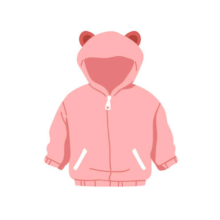Kids hooded jacket. Girls soft fleece apparel for winter, cold weather with zipper closure, hoodie with bear ears. Toddlers sweatshirt. Flat vector illustration isolated on white backgroundのイラスト素材
