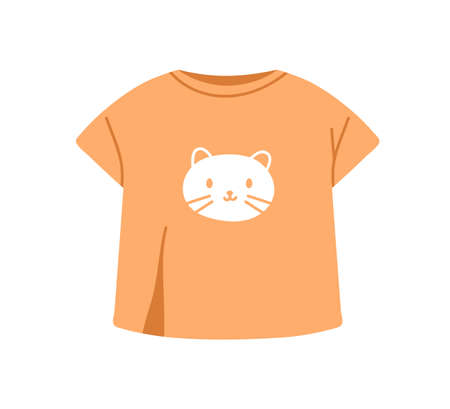 Kids tshirt with cute cat printed. Childs summer clothes, t-shirt with kitten. Childrens apparel, garment for warm weather. Flat vector illustration isolated on white backgroundのイラスト素材