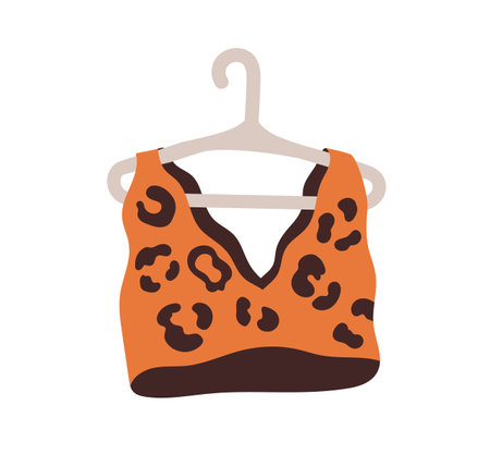 Fashion wireless bra. Girls brassiere with leopard print. Women sexy top. Seamless lingerie hanging on hanger. Modern underwear. Flat graphic vector illustration isolated on white backgroundのイラスト素材